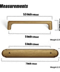 Dimensions and weights for Antique Brass Cabinet Pulls With Backplate Zinc Alloy Retro Style Hardware, featuring 5 inch hole centers.