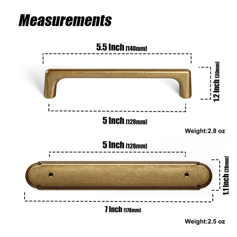 Dimensions and weights for Antique Brass Cabinet Pulls With Backplate Zinc Alloy Retro Style Hardware, featuring 5 inch hole centers.