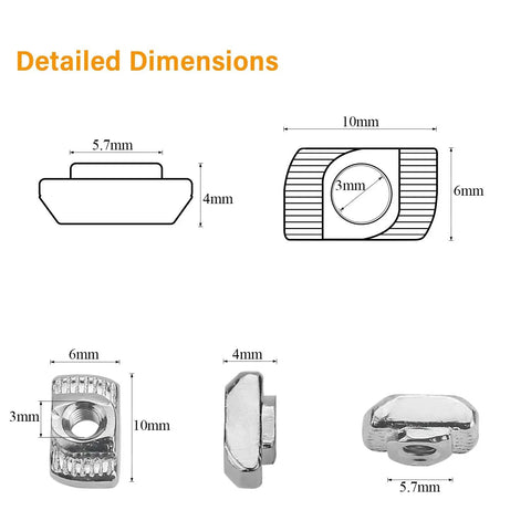 Detailed dimensions of 100 Pack M3 T Slot Hammer Head Nuts for 2020 Aluminum Profile, showing size in millimeters.