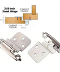 3/8 Inch Inset Cabinet Hinges, self-closing flush face mount with door bumper, diagram and hinge design