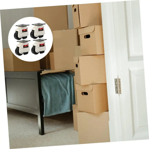 Beefy Heavy Duty Swivel Workbench Casters With Adjustable Height, 500kg Per Wheel, Industrial Transport Plate Wheels, Leveling Mobility For Workbenches And Equipment, 4 Piece Set on stacked boxes beside a workbench