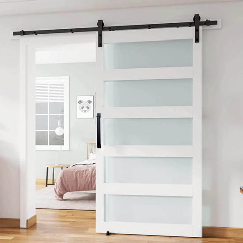 Interior white sliding door with frosted panels and a 9 Inch Black Barn Door Handles 2 Pack Gate Pulls For Wooden Fences Sheds And Garages Sliding Doors Rustic Farmhouse Industrial Style Exterior And Interior Pulls Frosted Black Finish For Outdoor And Indoor Use installed.