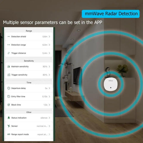 Indoor display of smart presence sensor using Zigbee 5.8 GHz mmWave Radar detects people, static body posture, and micro motion.
