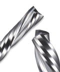 Close-up view of the Downcut Spiral Double Flute CNC Router Bit Set One Eighth Inch Shank Tungsten Carbide End Mills for wood, plastic, aluminum.