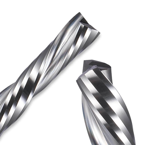 Close-up view of the Downcut Spiral Double Flute CNC Router Bit Set One Eighth Inch Shank Tungsten Carbide End Mills for wood, plastic, aluminum.