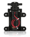 DP 521 Electric Diaphragm Water Pump 12 Volt 70 Psi High Pressure Compact Sprayer with red and black wiring and connectors.