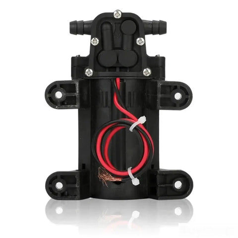 DP 521 Electric Diaphragm Water Pump 12 Volt 70 Psi High Pressure Compact Sprayer with red and black wiring and connectors.