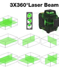 Pro Grade 3X360 Degree Self Leveling Laser Level Featuring Bright Green Cross Lines, showing laser beams and laser level design.