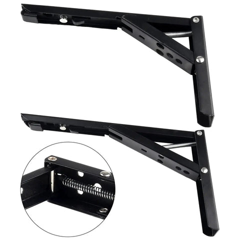 Two Pack Folding Shelf Brackets Black Heavy Duty Steel Collapsible Hinges For Workbench Table Or Counter Tools 14 Inch