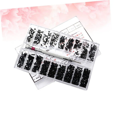 Solid Miniature Screw Set With Carbon Steel Flat Countersunk Heads For Glasses And Watches Repair No Sweat Setup showing assorted sizes in clear case.