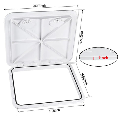Heavy Duty ABS Marine Deck Hatch Built Tough For Weekend Warriors And Captain Crews Featuring Bullet Proof Rubber Weather Seal And Lockdown Recessed Handles Delivers In Pristine White, dimensions 20.47 x 18.03 inches.