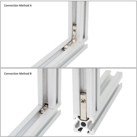 L Shape Corner Connector Bracket Set For 20x20 Aluminum Extrusion Profiles 6mm Slot installed in two connection methods, Method A and B