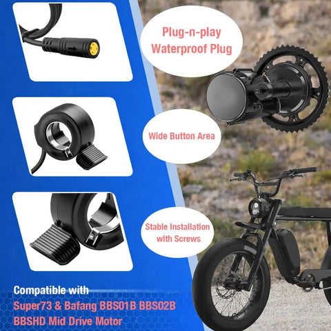 Thumb Throttle For Mid Drive Electric Bikes Waterproof 3 Pin Female Connector Compatible With Bafang Motors, Super73