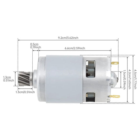 Beefy 21V DC Motor With 19500 RPM And 10T Helical Gear High Torque Replacement showing dimensions and gear details