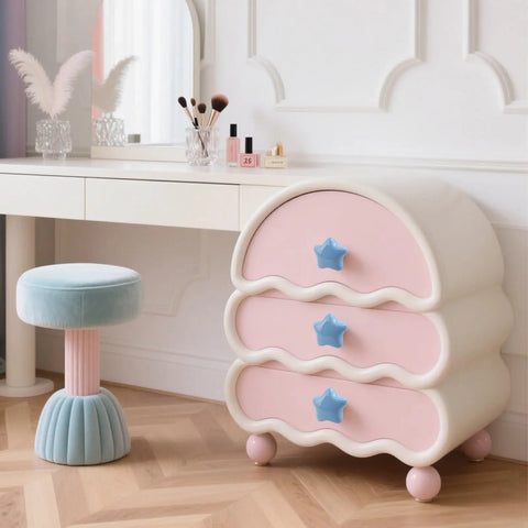 Set Of Six Star Shaped Ceramic Cabinet Knobs With Glossy Finish For Kitchen Drawers And Dressers displayed on pink dresser.