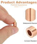 One Eighth Inch Copper Wire Rope Stop Sleeve Gold Round Crimp Ferrules For Wire Rope And Cable 25 Pcs Must Have Waterproof Rustproof Corrosion Resistant Heavy Duty Crafting And Rigging Essentials, close-up in hand