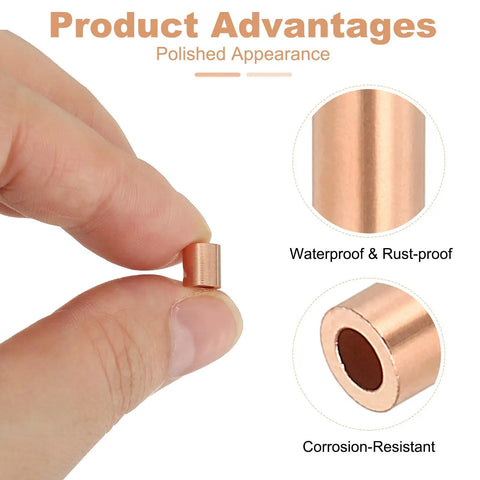One Eighth Inch Copper Wire Rope Stop Sleeve Gold Round Crimp Ferrules For Wire Rope And Cable 25 Pcs Must Have Waterproof Rustproof Corrosion Resistant Heavy Duty Crafting And Rigging Essentials, close-up in hand