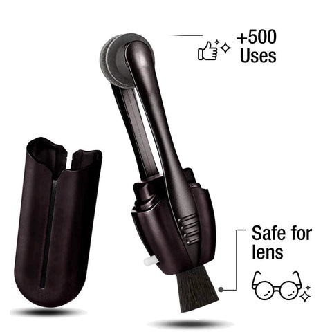 Front view of black portable microfiber eyeglass cleaner with carbon microfiber head, small brush, and protective case (3-count)
