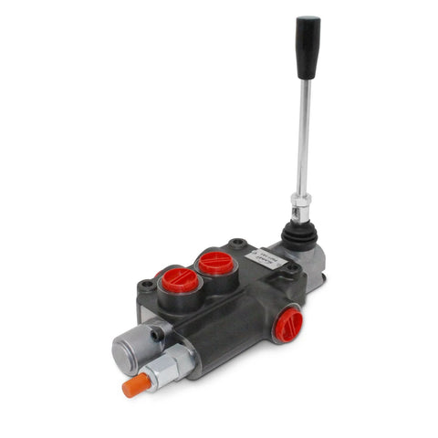 Side view of monoblock hydraulic directional control valve with lever and red port plugs.
