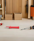 Heavy Duty Insulated Wire Stripper Knife With No Sweat Cable Cutting Razor Ergonomic Grip Handle on a workbench.
