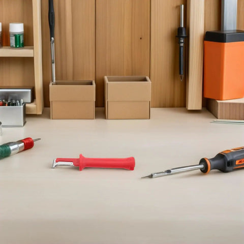 Heavy Duty Insulated Wire Stripper Knife With No Sweat Cable Cutting Razor Ergonomic Grip Handle on a workbench.