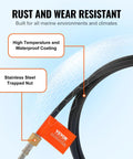 Long 17 Foot Boat Steering Cable With Three Quarter Inch Standard Tapered Shaft Marine Grade Alloy Build For Yachts Fishing Boats And Other Watercraft displaying rust and wear resistance features.