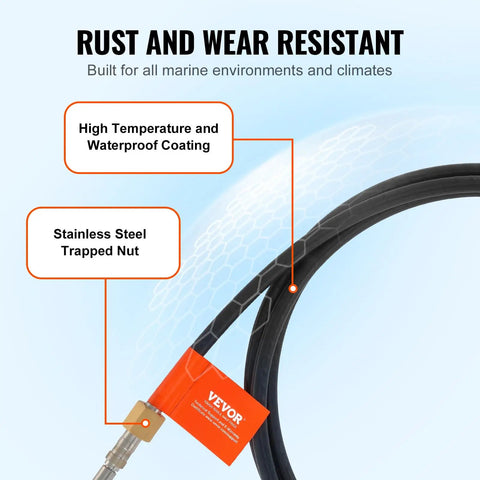 Long 17 Foot Boat Steering Cable With Three Quarter Inch Standard Tapered Shaft Marine Grade Alloy Build For Yachts Fishing Boats And Other Watercraft displaying rust and wear resistance features.
