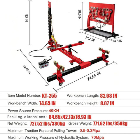 Beefy Auto Body Frame Puller 49 KN 5 Ton Car Frame Straightener dimensions and specifications chart.