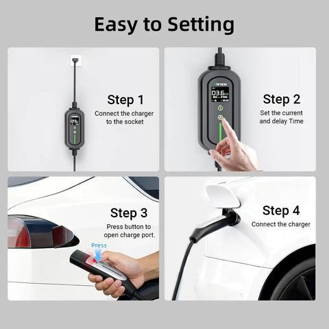 Step-by-step guide for using Tesla Level 2 And Level 1 EV Charger For Mobile Charging with car connection and controls.