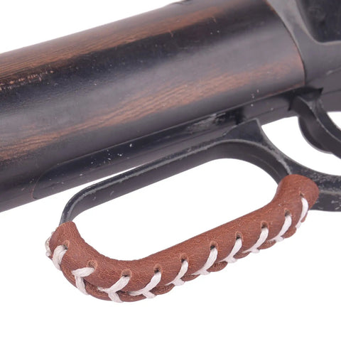 Cowhide Leather Lever Wrap Set for Lever Action Rifles and Shotguns, 3.5 Inch, dual color brown and black, wrapped lever close-up