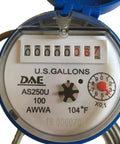 Close-up of AS250U 100P 1 Inch Water Meter With Pulse Output, displaying gallon counter, suitable for home plumbing use