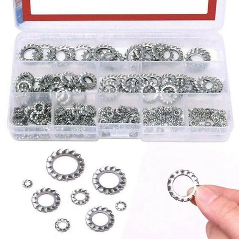 External Star Lock Washer Kit In 304 Stainless Steel With Teeth Washers M2.5 To M10 for industrial hardware in plastic case.