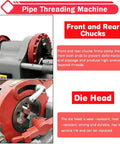 Industrial Strength Electric Pipe Threading Machine And Cutter Tool 1/2 To 2 Inch Npt Dies 110V showing front and rear chucks and die head details.