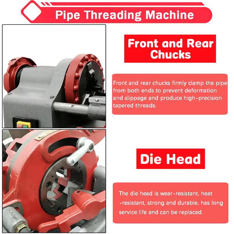 Industrial Strength Electric Pipe Threading Machine And Cutter Tool 1/2 To 2 Inch Npt Dies 110V showing front and rear chucks and die head details.