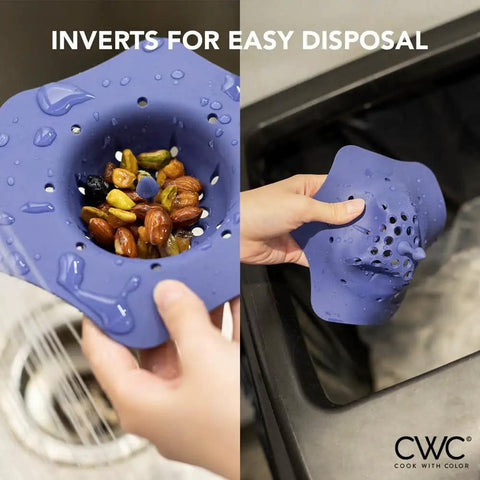 Using Colorful Silicone Kitchen Sink Strainer Set, No-Fuss Flexible Flower Shaped Drain Filters in Blue Teal to trap food debris.