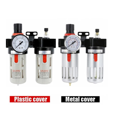 Half Inch Air Compressor FRL Combo With Oil Water Separator, metal and plastic cover, Filter Regulator Lubricator front view