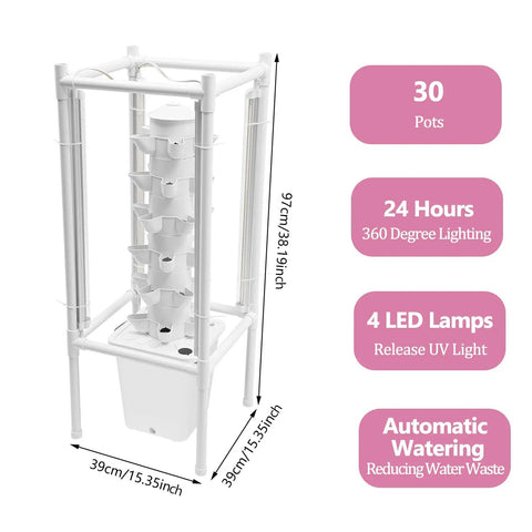 Vertical Hydroponics Tower Kit For Indoor Garden 30-Plant No-Fuss Space-Saving Garden Tower With LED Grow Light