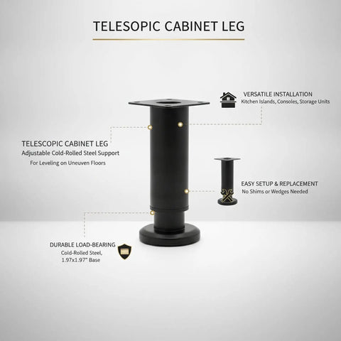 Beefy Telescopic Cabinet Leg Adjustable Steel Furniture Leveler For Uneven Floors Matte Black Finish 1.97 X 1.97 Inch Base