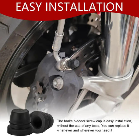 18 Pack Heavy Duty Rubber Brake Bleeder Screw Caps And Durable Grease Fitting Zerk Caps shown on a motorcycle brake caliper.