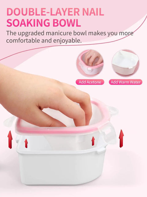 Hand using Two Pack Nail Soak Off Bowl Kit For Gel Polish Remover And Dip Powder, Includes 2 Bowls, Triangle Cuticle Peeler, Stainless Steel Cuticle Pusher, Pro Grade Nail Art Tools, Pink with double-layer bowl design