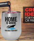 Boat Crew Silver Wine Tumbler 12oz for Dockside Sips with boat graphic and text, wine being poured, great gift idea