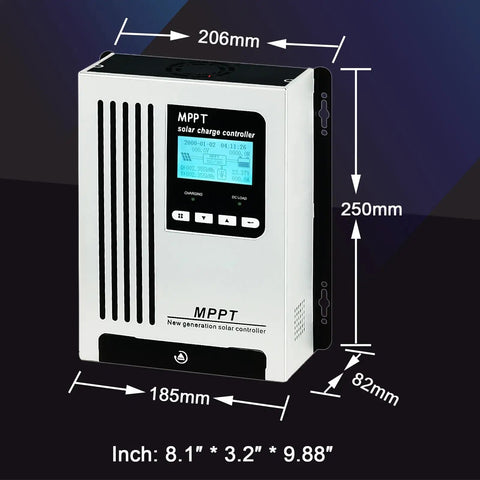 Slick 96V 45A MPPT Solar Charge Controller with LCD display, dimensions: 206mm x 250mm x 185mm, for off grid use.