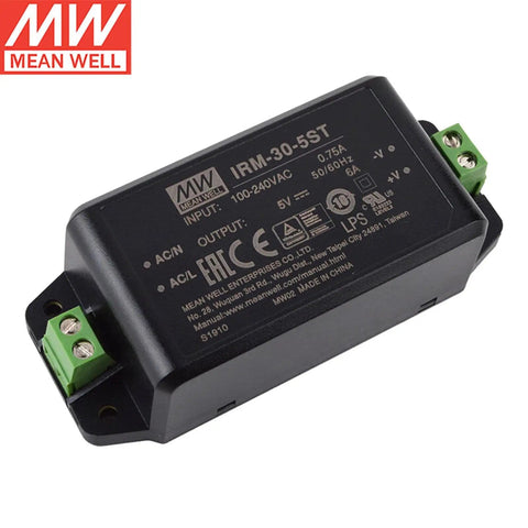 Beefy 30W AC-DC Power Module With 5V Output For PCB Mount Or Screw Terminal 5V 6A IRM-30-5ST in black casing