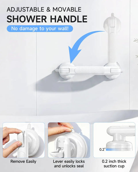 Upgraded Suction Shower Handle No Drill Grab Bars 2 Pack Anti Slip Safety Grip For Bathroom Heavy Duty Removable Handrails With Nonskid Surface Waterproof Build White Color Total Game Changer Install showing adjustable handle with suction cups.