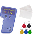 Handheld 125kHz RFID Copier And Duplicator For T5577 And EM4305 Cards Includes 5 T5577 Keychains And 5 T5577 Cards Easy Read Write Duplication For Prox Card Cloning with blue RFID writer, white cards, and colorful keychains