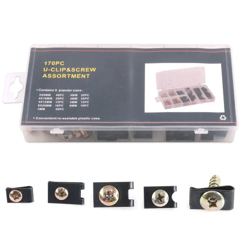 170 Piece U Nut Clips Assortment Kit With Zinc Plated Phillips Screws Black Phosphate Finish in resealable plastic case.