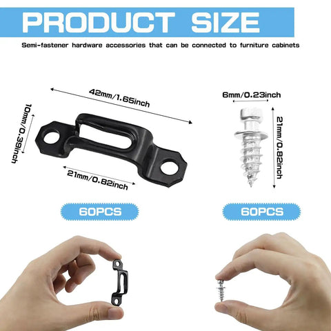 Premium Heavy Duty 60 Piece Concealed Furniture Slide Connectors And Snap On Buckle Fasteners For Rock Solid Cabinet Assembly Tool Free Half Pass Hardware Kit Bundle with size details.