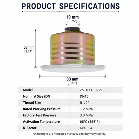 Concealed Ceiling Fire Sprinkler Heads 4 Pack With Matching Cover Plates For No Sweat Setup showing detailed product specifications and dimensions.