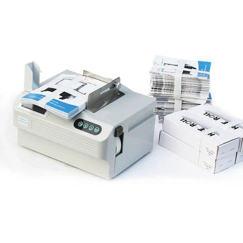 Compact Automatic Paper Strapping Machine With Counting Function for bundling albums and boxes, showcasing setup and use.