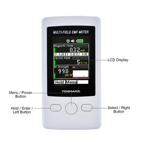 Front view of Pocket EMF Meter With Multi Field Readout Up To 2000mG ELF RF Gauss Meter with 4 digit LCD and buttons